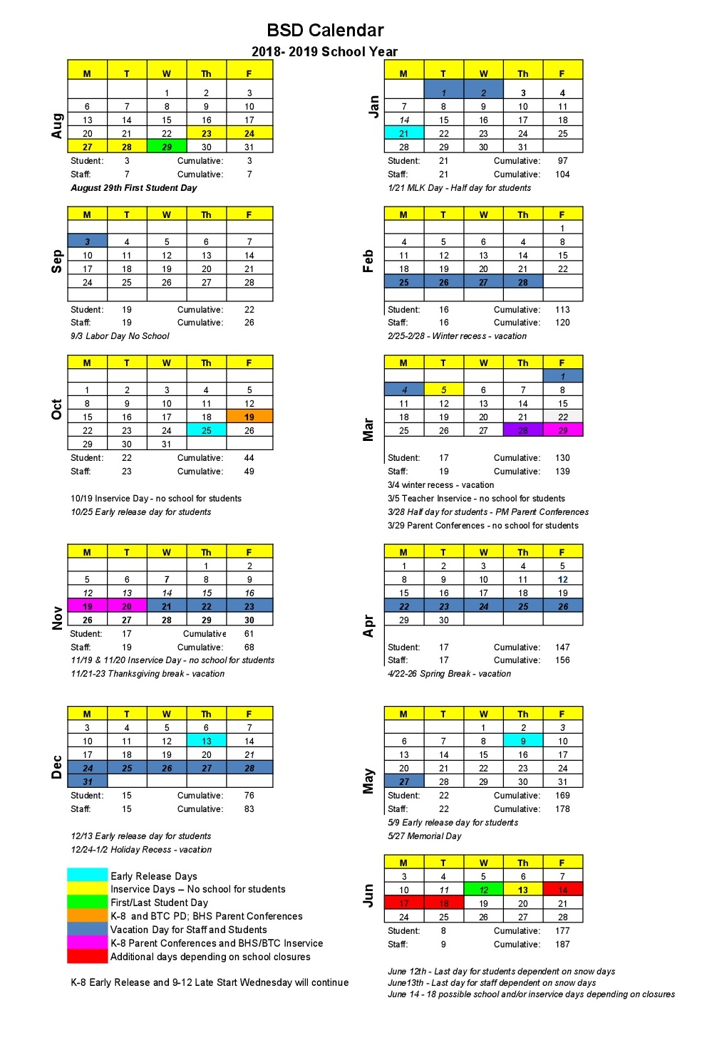 2018-2019 School Calendar