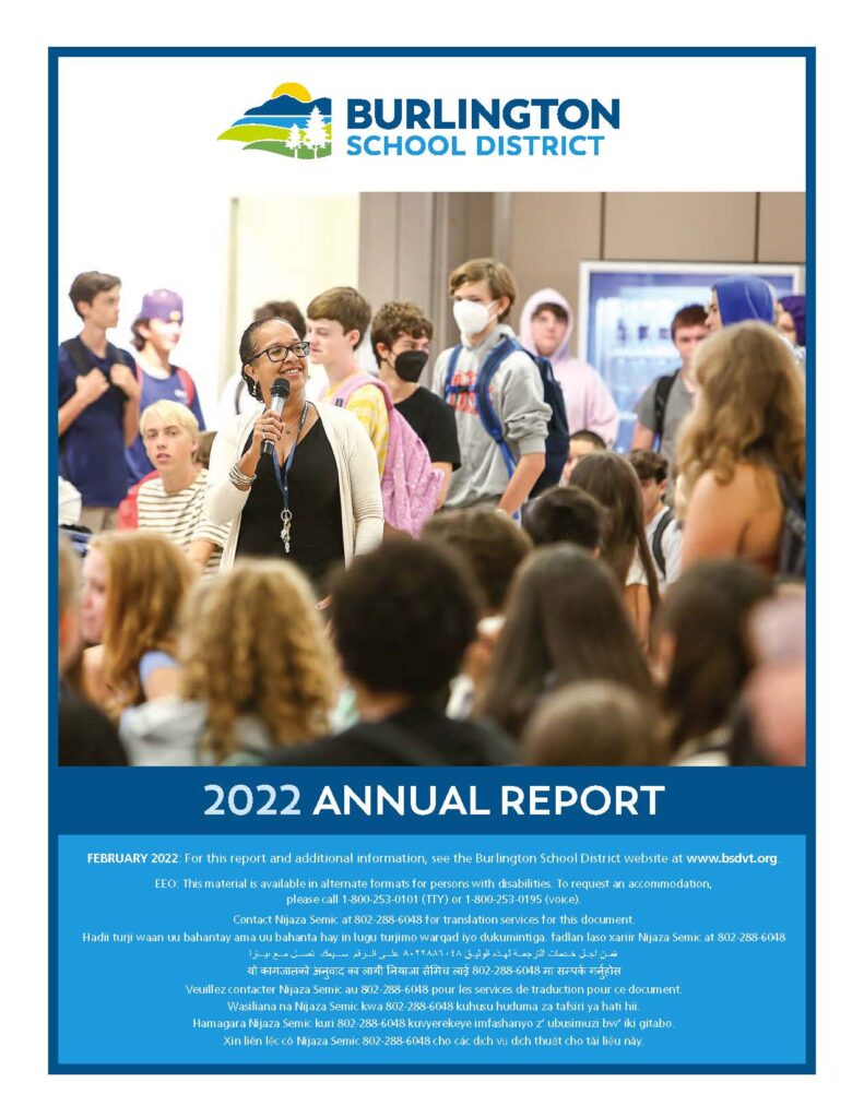 Annual Report Cover with assistant principal talking to kids