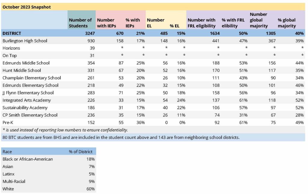 Table showing BSD student demographics 