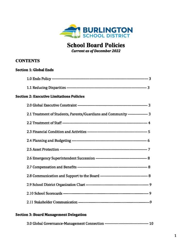 Cover Page of Board Policies Document