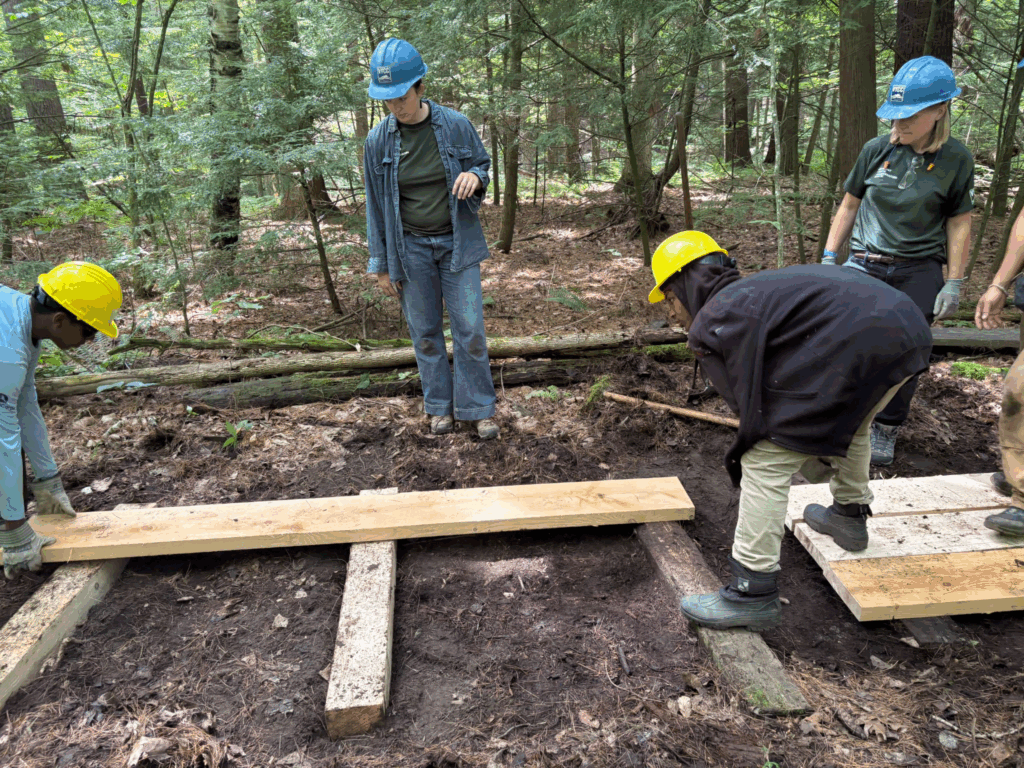 students adding wood planks to logs to make a bridge