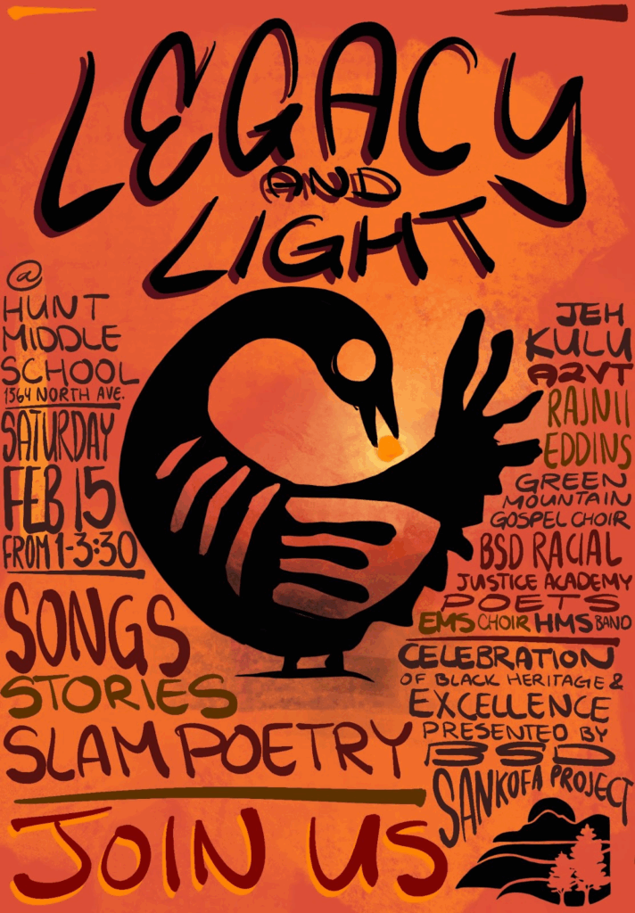 bright orange poster advertising legacy and light arts event to celebrate black history