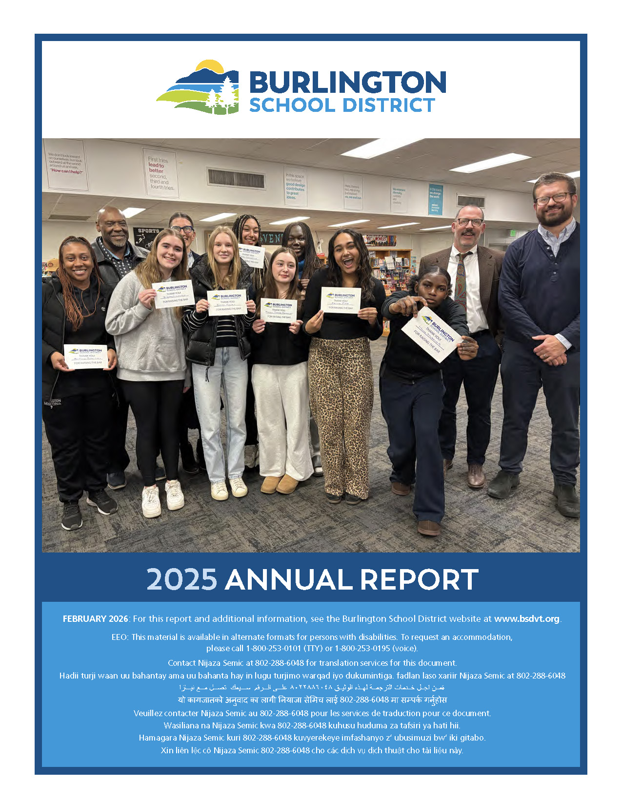Cover page of annual report showing three high school girls smiling