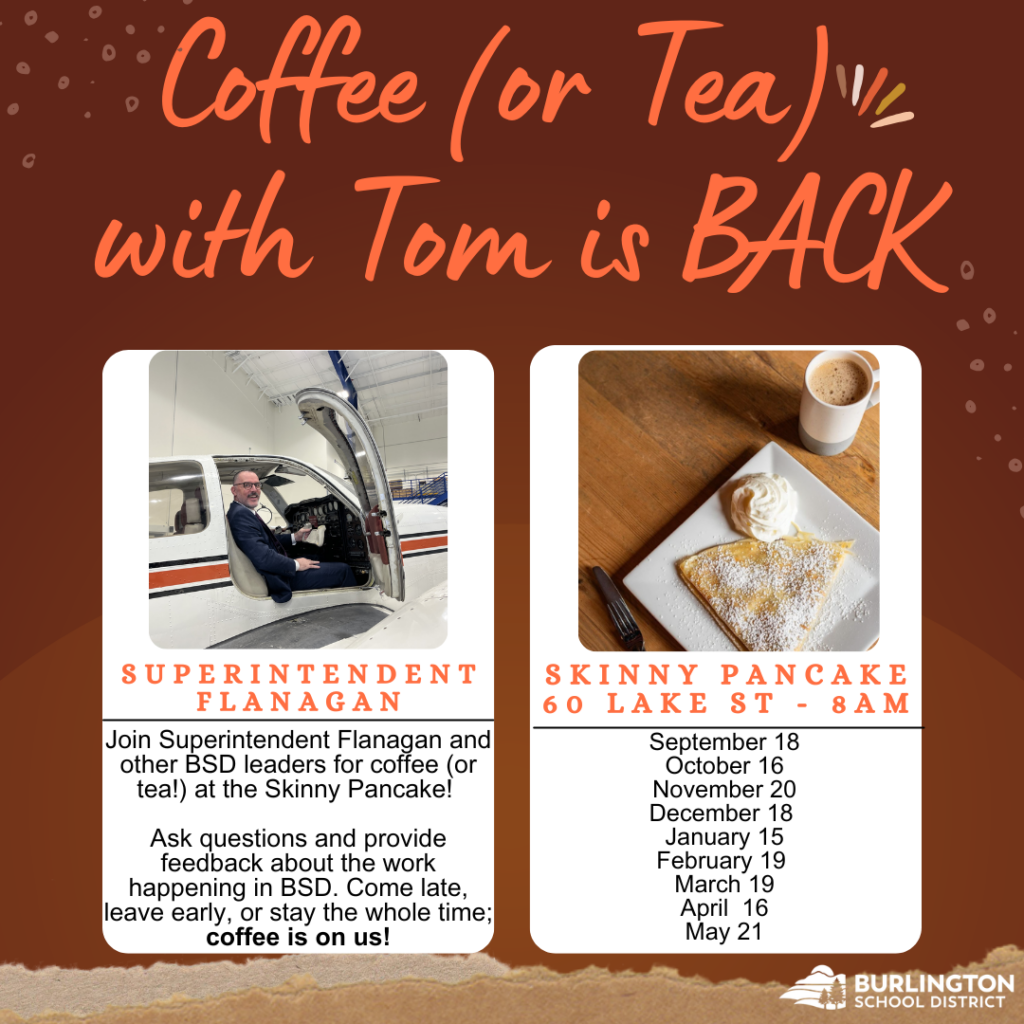 A graphic showing that Coffee with Tom is back. It has a photo of Tom and of a crepe, with a list of dates and event description.